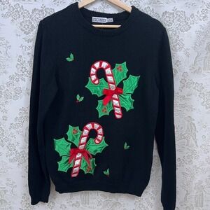 Retro Thread Sweater Holiday Candy Cane Holly Embroidered Ugly Christmas Festive